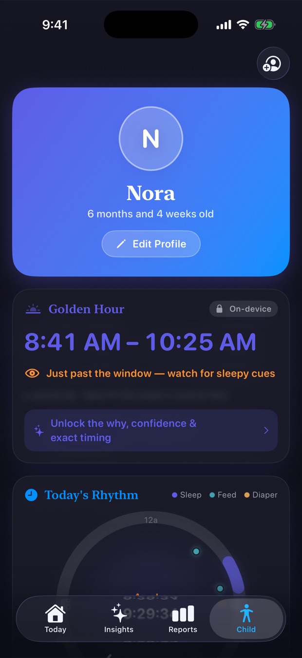 The Golden Hour card predicting the next nap window, marked on-device.